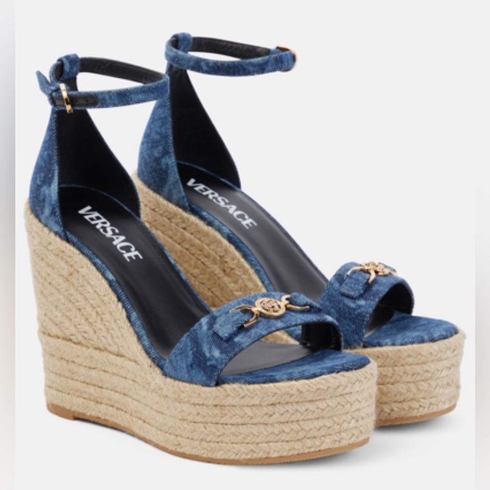 Versace Blue and Gold Wedge Sandals